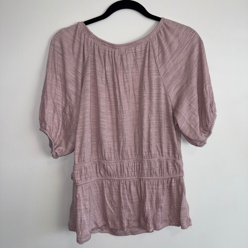 Knox Rose Mauve Textured Smocked Peplum Blouse Square Neck Balloon Sleeve Large - Picture 6 of 6